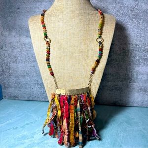 Soft Surroundings fabric fringe necklace in bright colors and gold tone hardware